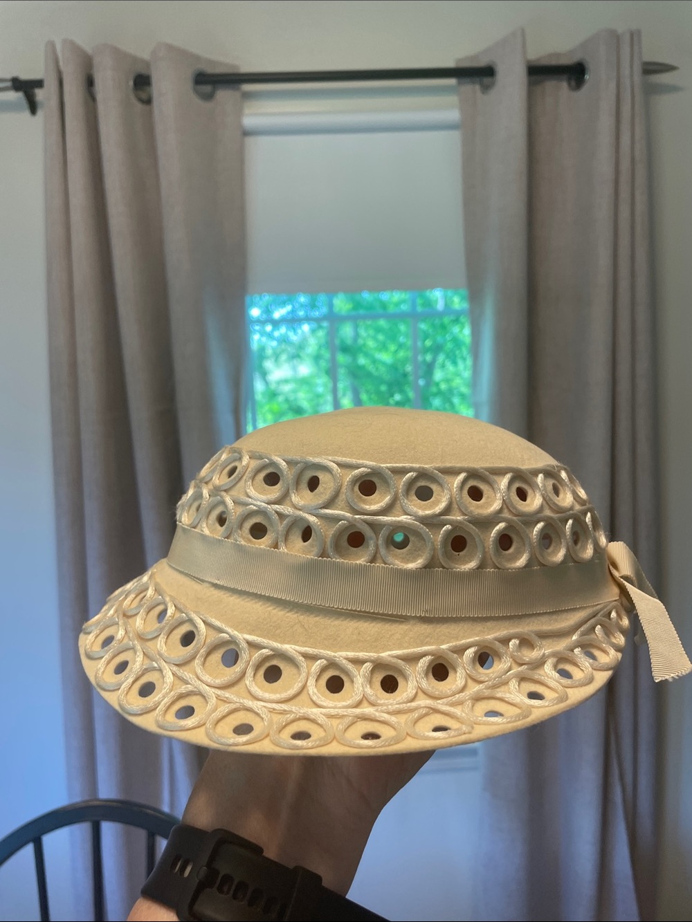 Merrimack Hat Corp Gardenia Collection Cream Wool Eyelet Ribbon Accent Hat